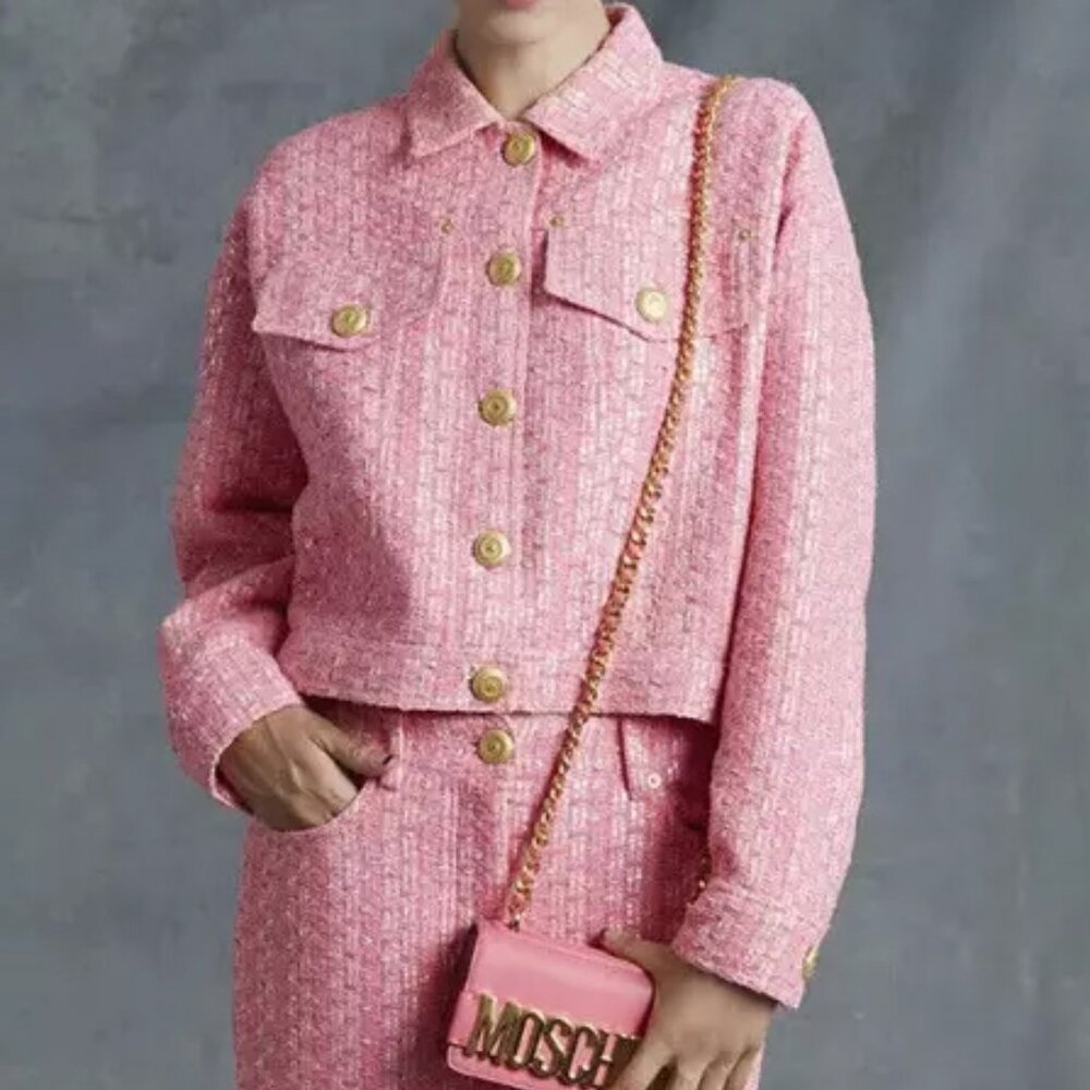 MOSCHINO COUTURE RAFFIA BOUCLE PINK TWEED JACKET SKIRT SET 2017 RUNWAY SZ 8